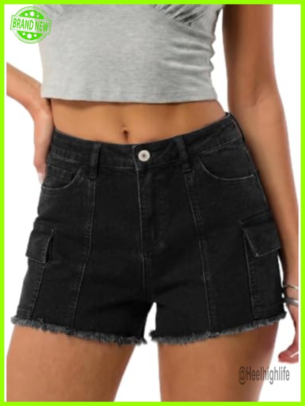 High Waisted Raw Hem Cargo Denim Shorts Stretchy Jean Shorts